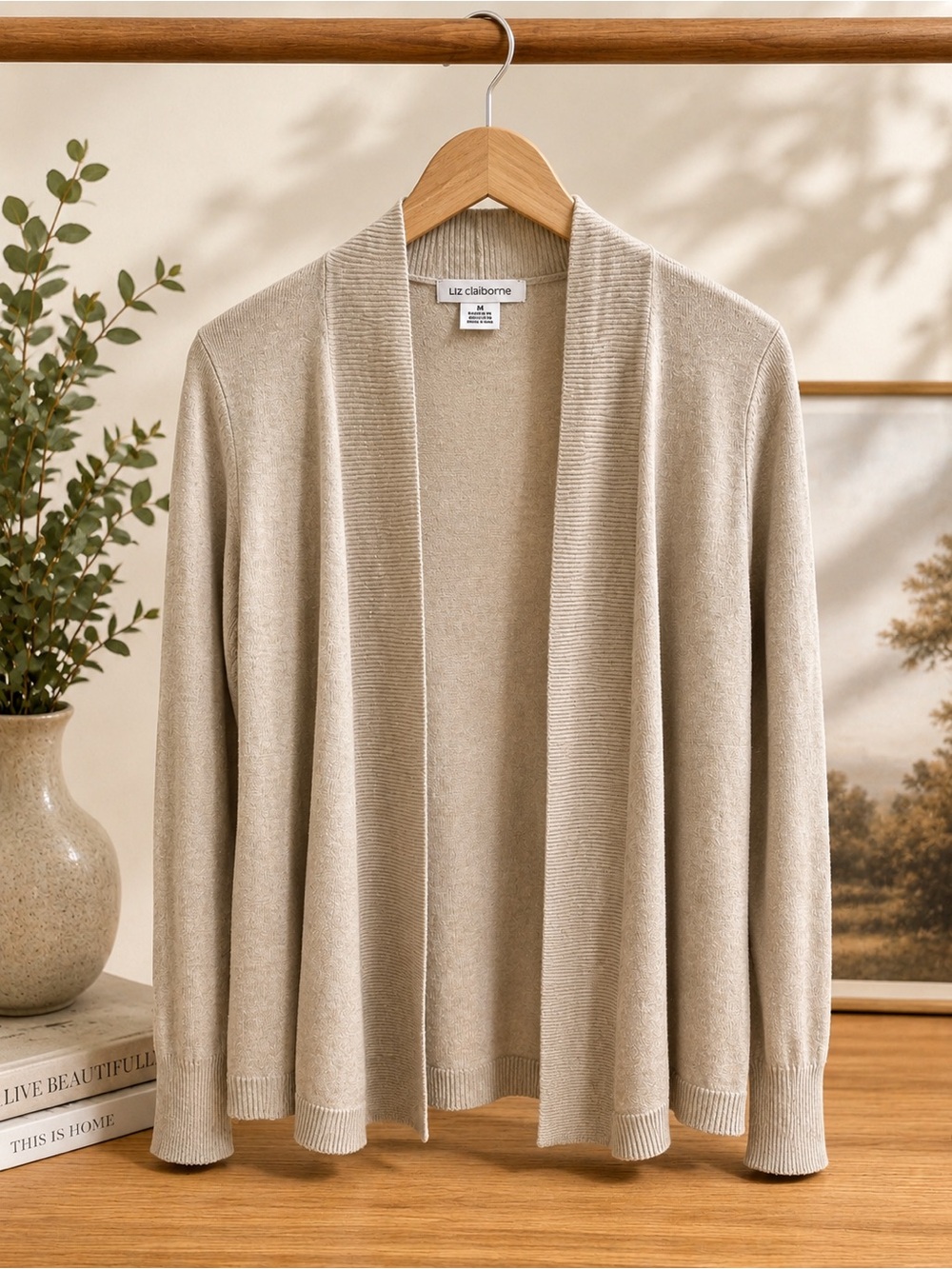 Liz Claiborne Beige Open Front Cardigan Sweater Size M